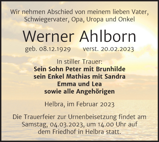 Traueranzeige von Werner Ahlborn von Trauerkombi Mansfelder Land