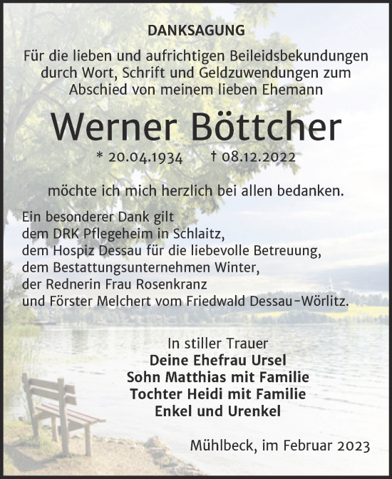 Traueranzeige von Werner Böttcher von Trauerkombi Bitterfeld