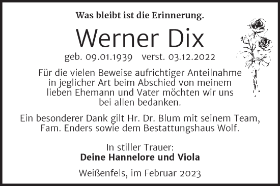 Traueranzeige von Werner Dix von Trauerkombi Weißenfels