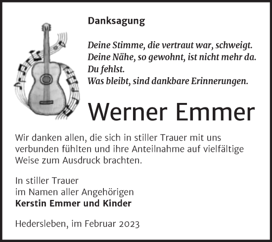 Traueranzeige von Werner Emmer von Trauerkombi Quedlinburg