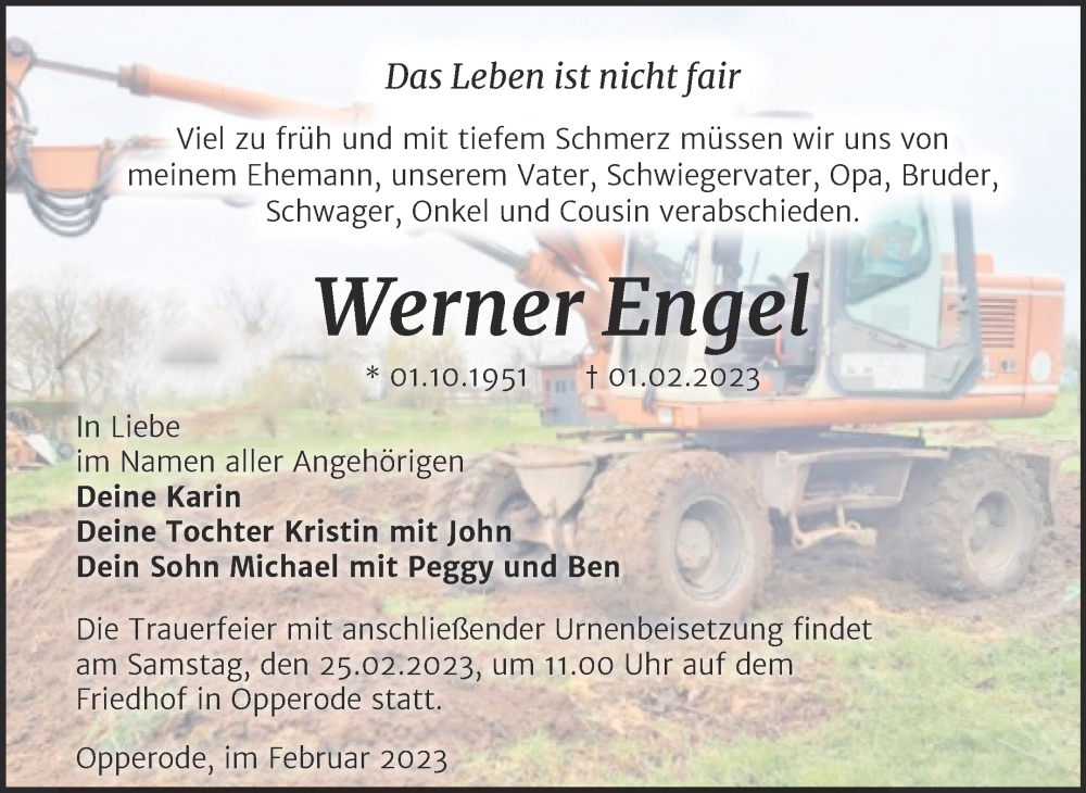  Traueranzeige für Werner Engel vom 11.02.2023 aus Trauerkombi Quedlinburg