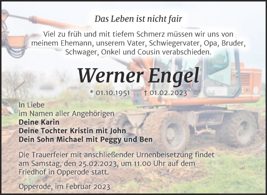 Traueranzeige von Werner Engel von Trauerkombi Quedlinburg