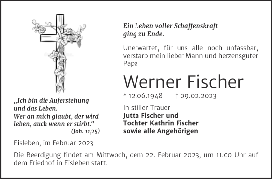 Traueranzeige von Werner Fischer von Trauerkombi Mansfelder Land