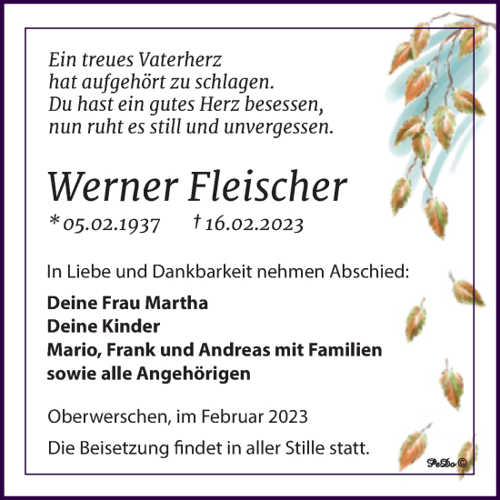 Traueranzeige von Werner Fleischer von Trauerkombi Weißenfels