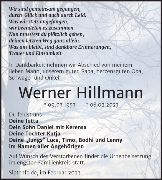 Traueranzeige von Werner Hillmann von Trauerkombi Quedlinburg