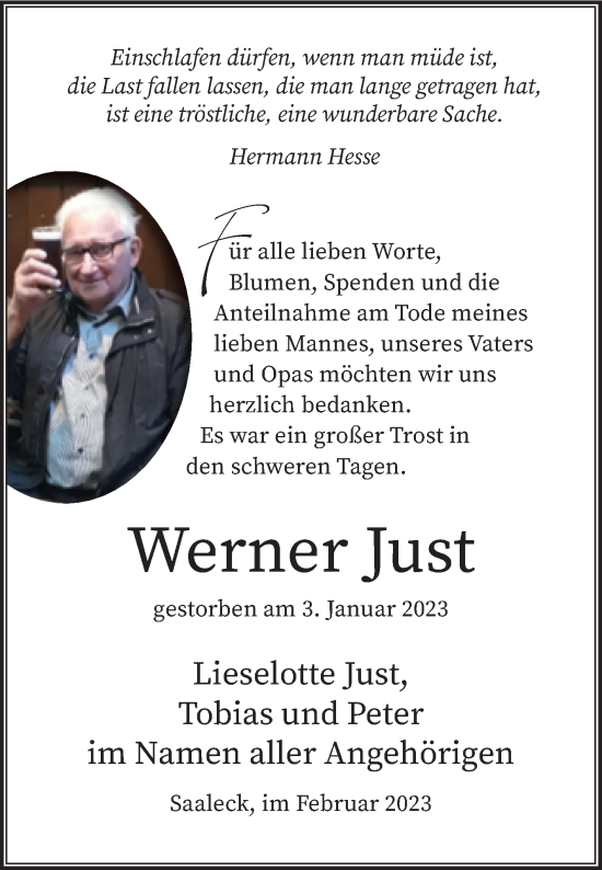 Traueranzeige von Werner Just von Naumburger Tageblatt