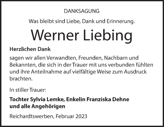 Traueranzeige von Werner Liebing von Trauerkombi Weißenfels