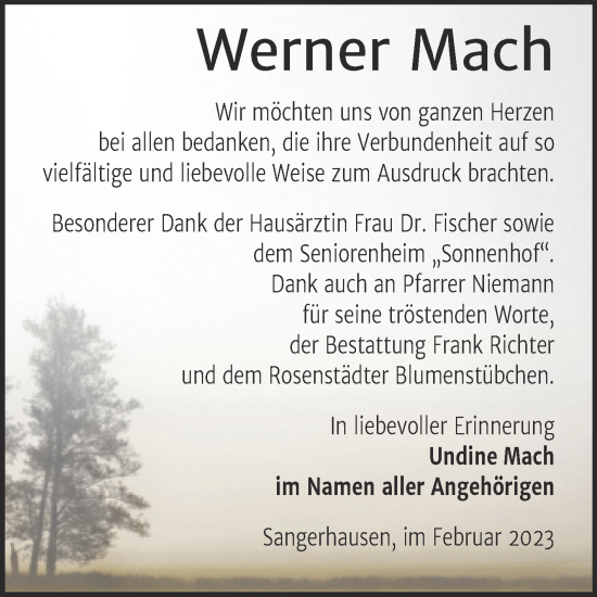 Traueranzeige von Werner Mach von Trauerkombi Sangerhausen