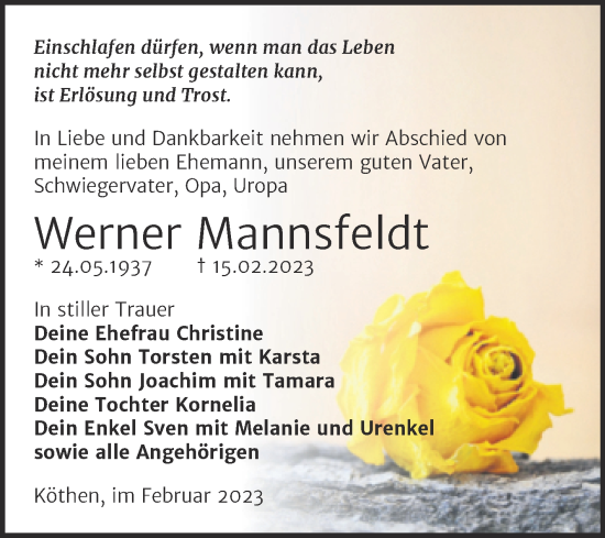 Traueranzeige von Werner Mannsfeldt von Trauerkombi Köthen