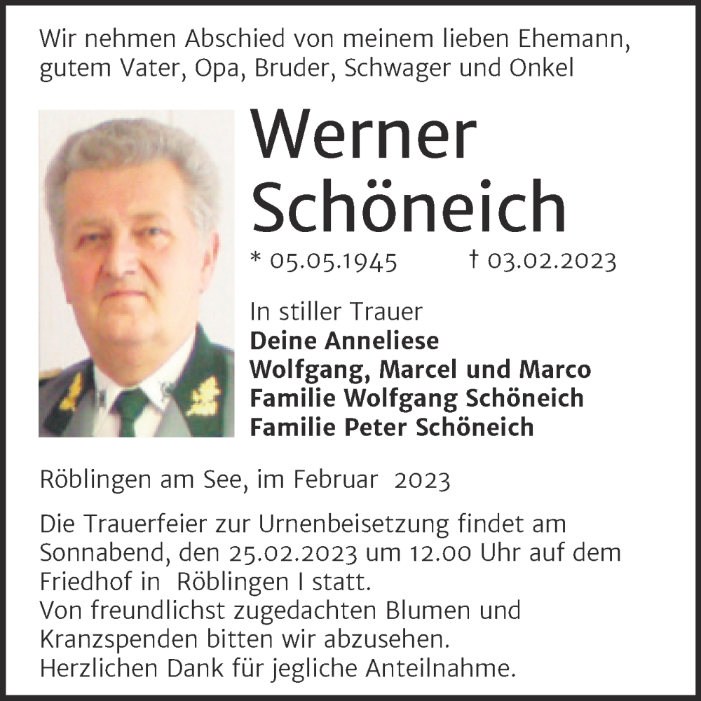  Traueranzeige für Werner Schöneich vom 11.02.2023 aus Trauerkombi Mansfelder Land