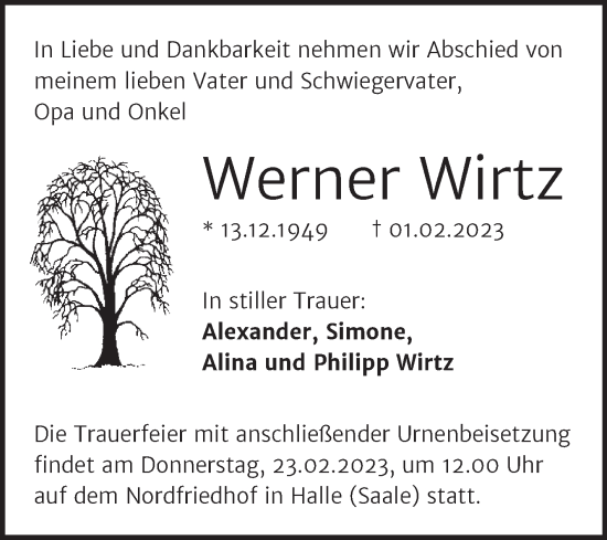 Traueranzeige von Werner Wirtz von Mitteldeutsche Zeitung Halle/Saalkreis
