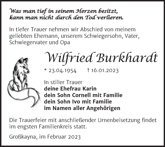 Traueranzeige von Wilfried Burkhardt von Trauerkombi Merseburg