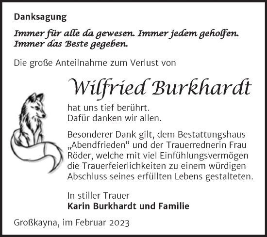 Traueranzeige von Wilfried Burkhardt von Trauerkombi Merseburg