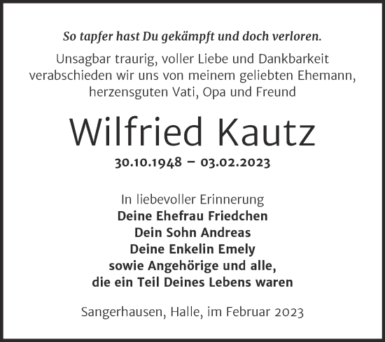 Traueranzeige von Wilfried Kautz von Trauerkombi Sangerhausen