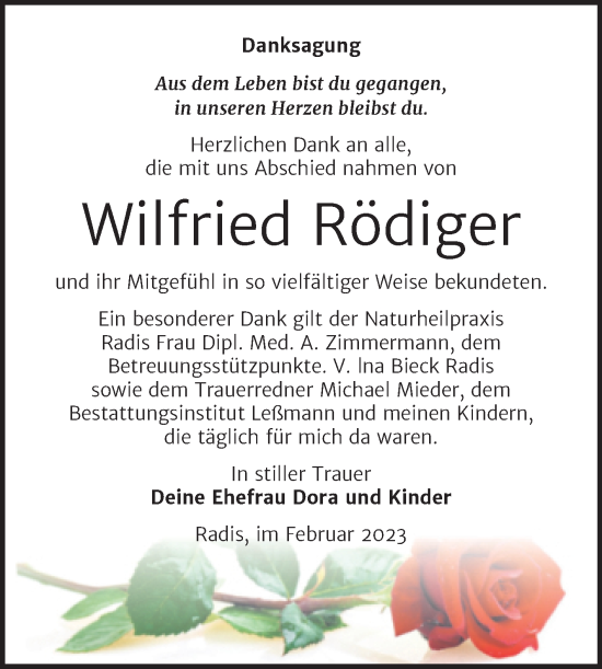 Traueranzeige von Wilfried Rödiger von Trauerkombi Wittenberg