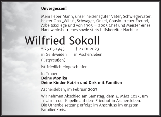 Traueranzeige von Wilfried Sokoll von Trauerkombi Aschersleben