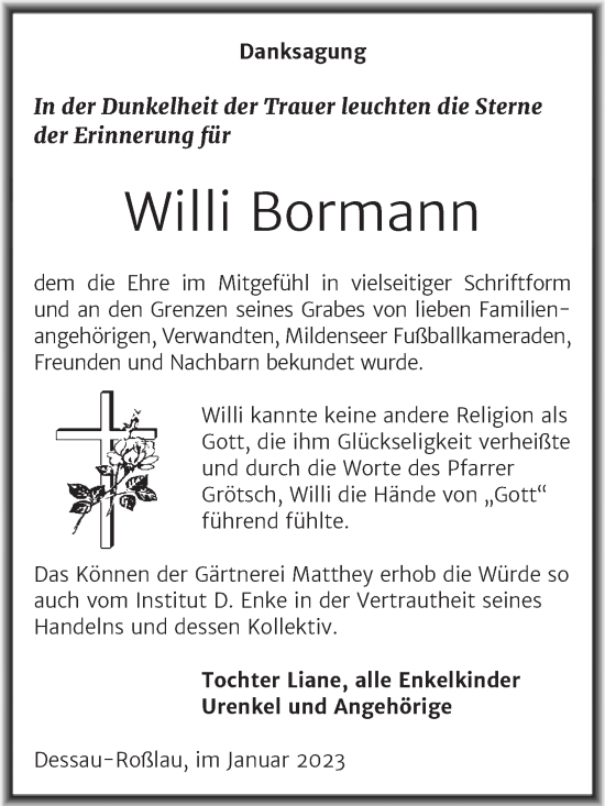 Traueranzeige von Willi Bormann von Trauerkombi Dessau