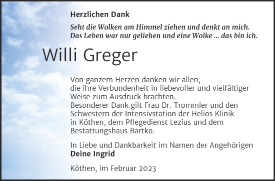 Traueranzeige von Willi Greger von Trauerkombi Köthen