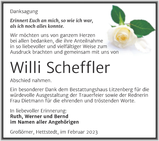 Traueranzeige von Willi Scheffler von Trauerkombi Mansfelder Land