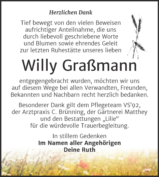Traueranzeige von Willy Graßmann von Trauerkombi Dessau
