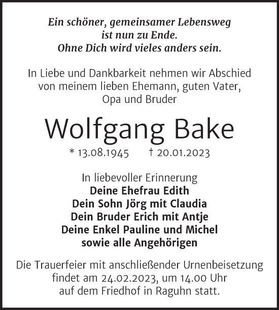 Traueranzeige von Wolfgang Bake von Trauerkombi Bitterfeld
