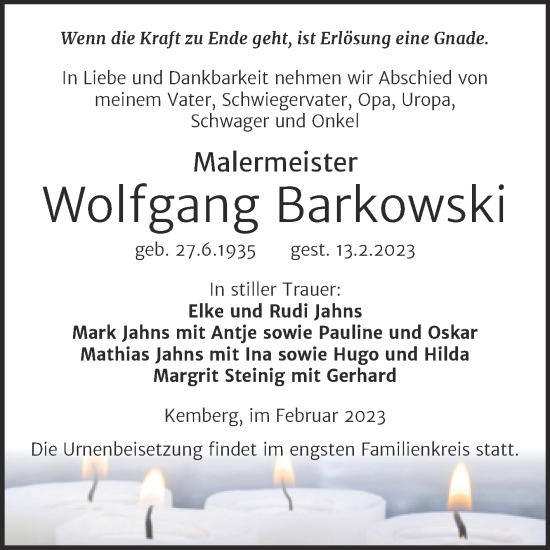 Traueranzeige von Wolfgang Barkowski von Trauerkombi Wittenberg