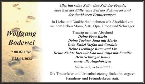 Traueranzeige von Wolfgang Bodewei von Trauerkombi Aschersleben