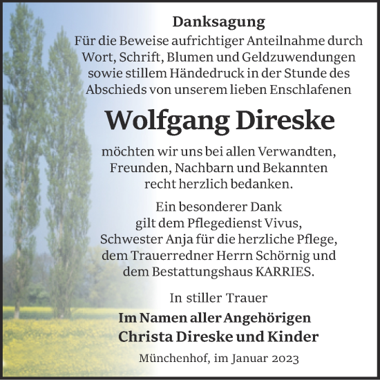 Traueranzeige von Wolfgang Direske von Trauerkombi Quedlinburg