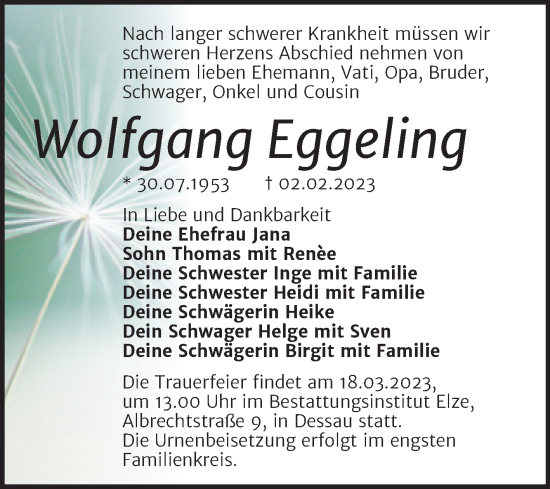 Traueranzeige von Wolfgang Eggeling von Trauerkombi Dessau