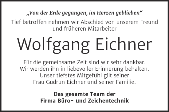 Traueranzeige von Wolfgang Eichner von Super Sonntag Aschersleben