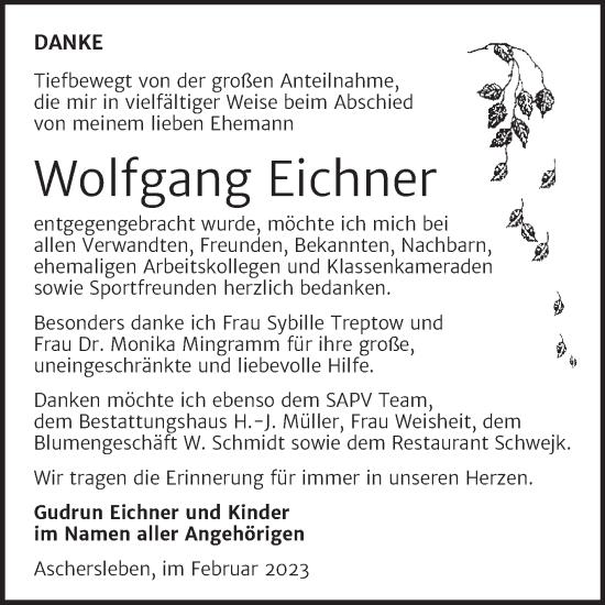 Traueranzeige von Wolfgang Eichner von Trauerkombi Aschersleben