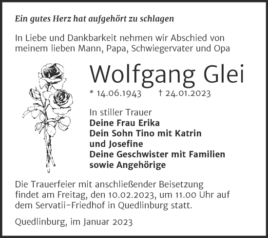 Traueranzeige von Wolfgang Glei von Trauerkombi Quedlinburg