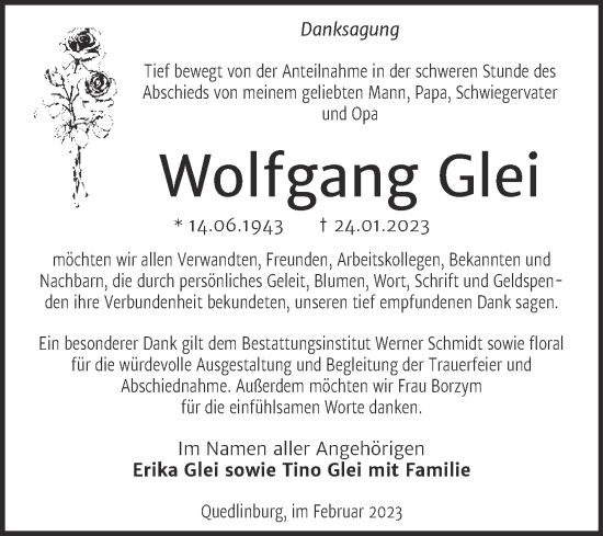 Traueranzeige von Wolfgang Glei von Trauerkombi Quedlinburg