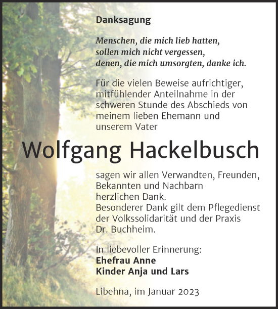 Traueranzeige von Wolfgang Hackelbusch von Trauerkombi Köthen