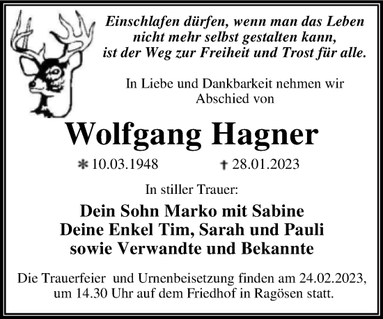 Traueranzeige von Wolfgang Hagner von Trauerkombi Wittenberg