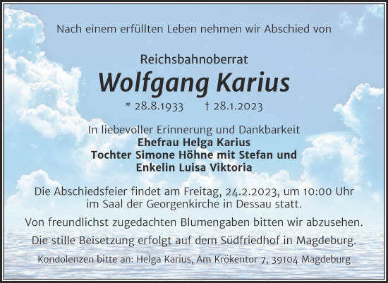 Traueranzeige von Wolfgang Karius von Trauerkombi Dessau