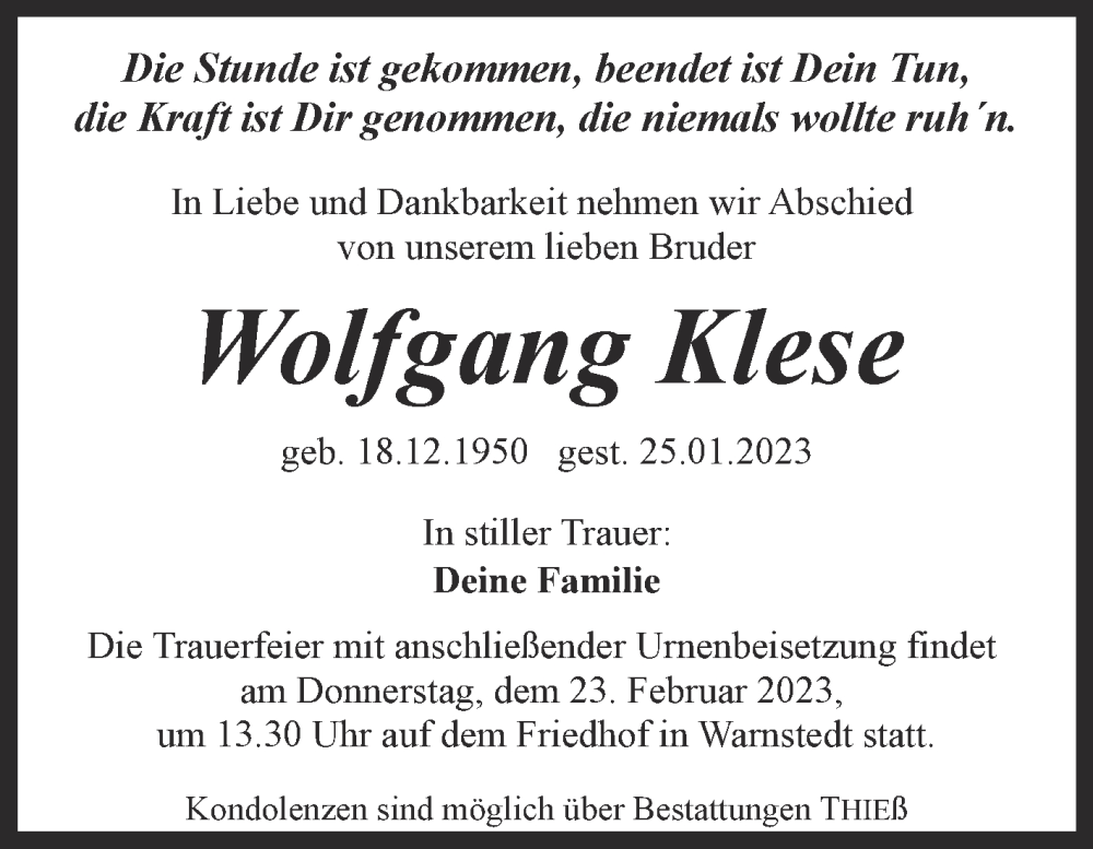  Traueranzeige für Wolfgang Klese vom 18.02.2023 aus Trauerkombi Quedlinburg