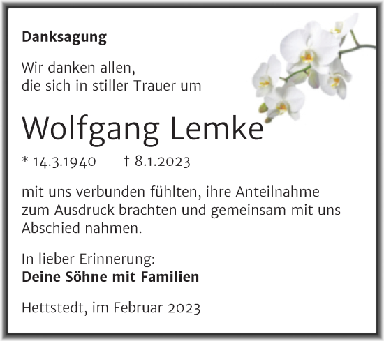 Traueranzeige von Wolfgang Lemke von Trauerkombi Mansfelder Land