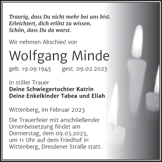 Traueranzeige von Wolfgang Minde von Trauerkombi Wittenberg