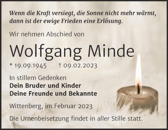 Traueranzeige von Wolfgang Minde von Trauerkombi Wittenberg