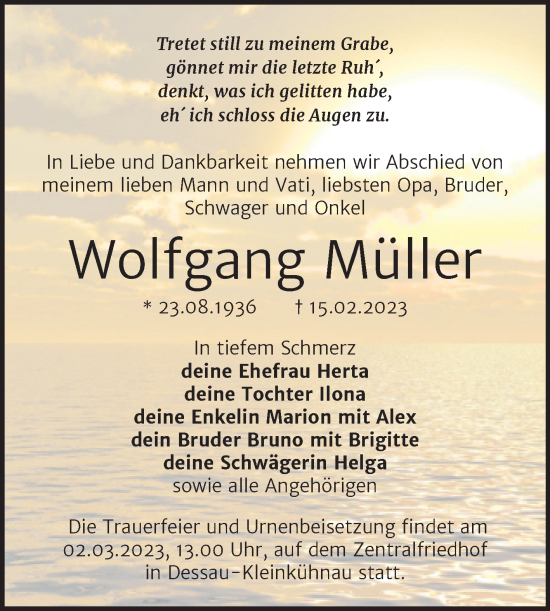 Traueranzeige von Wolfgang Müller von Trauerkombi Dessau