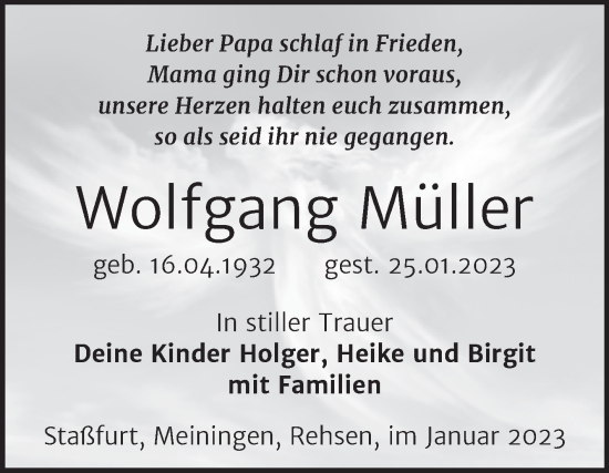 Traueranzeige von Wolfgang Müller von Trauerkombi Wittenberg