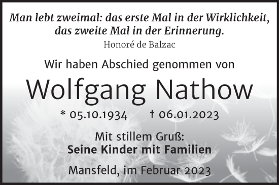Traueranzeige von Wolfgang Nathow von Trauerkombi Aschersleben