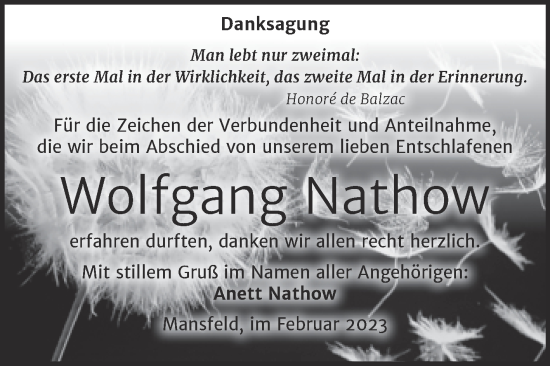 Traueranzeige von Wolfgang Nathow von Trauerkombi Mansfelder Land