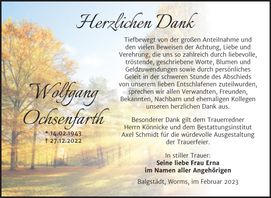 Traueranzeige von Wolfgang Ochsenfarth von Wochenspiegel Naumburg/Nebra