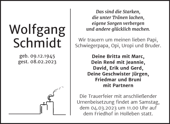 Traueranzeige von Wolfgang Schmidt von Mitteldeutsche Zeitung Halle/Saalkreis