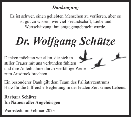 Traueranzeige von Wolfgang Schütze von Trauerkombi Quedlinburg