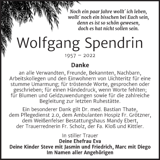 Traueranzeige von Wolfgang Spendrin von Trauerkombi Weißenfels