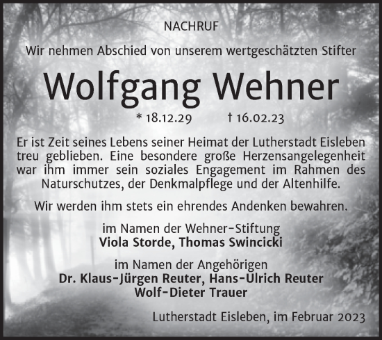 Traueranzeige von Wolfgang Wehner von Mitteldeutsche Zeitung Mansfelder Land