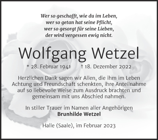 Traueranzeige von Wolfgang Wetzel von Mitteldeutsche Zeitung Halle/Saalkreis